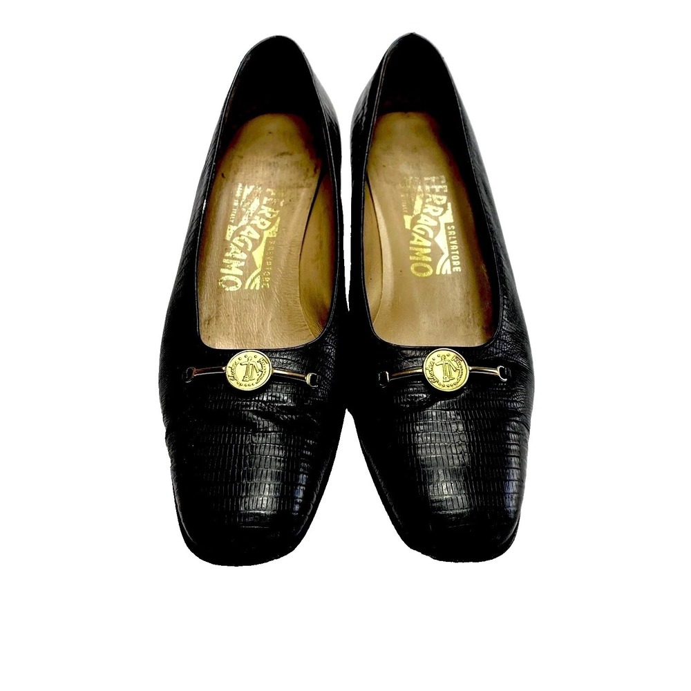 Salvatore Ferragamo Pump Shoes Womens 6C Black Lizard Leather Heel